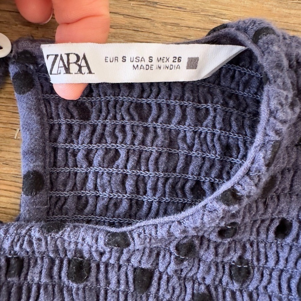 ZARA Polka Dot Smocked Ruffle Crop Top-Long Balloon Sleeve-Boho Festival-Blue - Picture 7 of 16